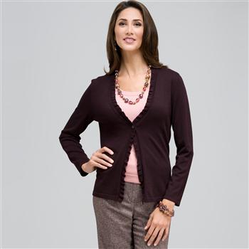 Long Sleeve Ruffle Front Trim Cardigan, Brown, large