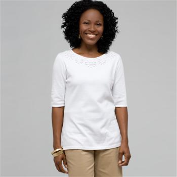 Embellished Boat Neck Tee, White, large