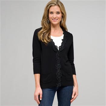 Lace Trimmed Cardigan x0095, Black, large