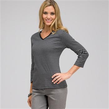 3/4 Sleeve V-Neck Top, Black & White, large