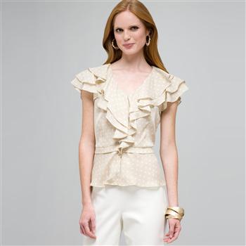 Polka Dot Ruffle Front Button Down Shirt, Dark Stone & White, large