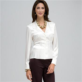 Long Sleeve Seamed Button Front Shirt, Ivory, large