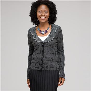 Ruffle Front Cardigan, Black & White, large