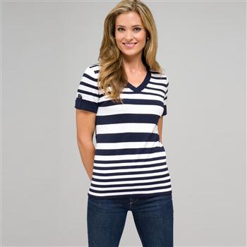 Striped Sleeve V-Neck Roll Cuff Tee, swiss navy & white, large