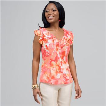 Ruffle Neckline Button Down Blouse, New Coral Multi, large