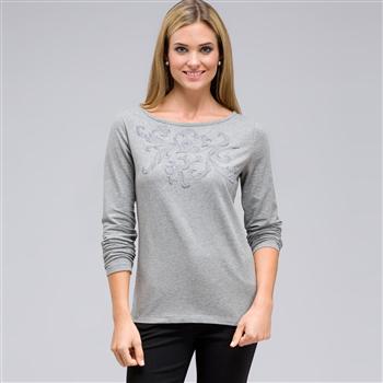 Long Sleeve Embellished Boat Neck Top, Grey Heather, large