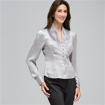 Pleated Bib Long Sleeve Shirt, Silver Grey, large