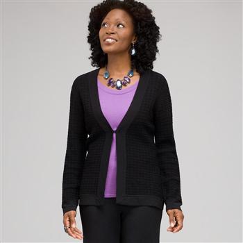 Long Sleeve Texture Stitch Cardigan, Black, large