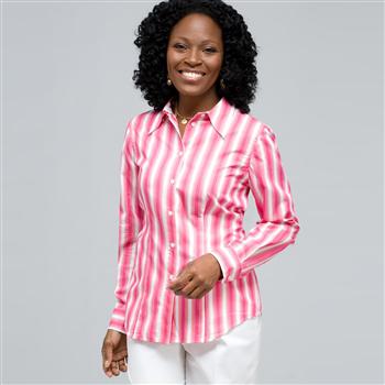 Stripped Button Down Shirt, Hot Pink Combo, large