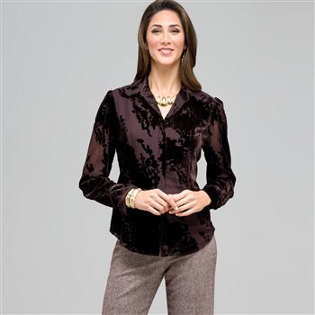 Long Sleeve Covered Placket Blouse, Brown, large