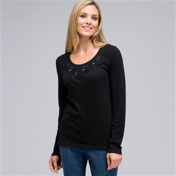 Long Sleeve Appliqued Crew Neck x0054, Black, large