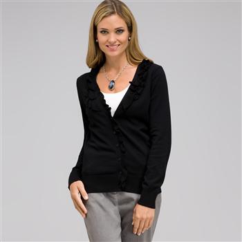 Ruffle Front V-Neck Cardigan, Black, large