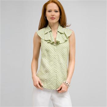 Ruffle Front Sleeveless Blouse., Sugar Pea and White, large