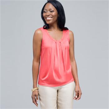 Sleeveless Pleated Top., New Coral, large